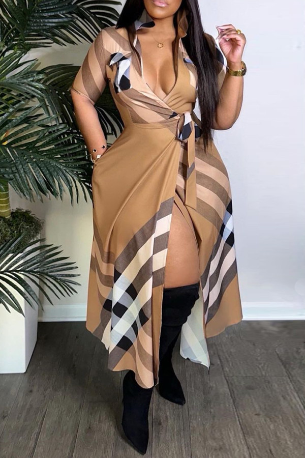 Apricot Brown Casual Daily Plaid Bandage Printing Turndown Collar Short Sleeve Dress Dresses