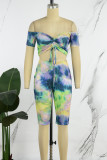 Green Sexy Print Tie Dye Patchwork Draw String V Neck Short Sleeve Two Pieces