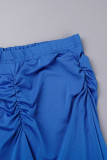 Blue Sexy Solid Patchwork Fold Off the Shoulder Short Sleeve Two Pieces