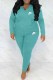 Water Blue Casual Letter Embroidered Hooded Collar Long Sleeve Two Pieces