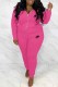 Rose Red Casual Letter Embroidered Hooded Collar Long Sleeve Two Pieces