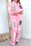 Pink Casual Print Patchwork Draw String Pocket Hooded Collar Long Sleeve Two Pieces