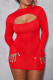 Red Sexy Celebrities Solid Hollowed Out Patchwork O Neck Wrapped Skirt Dresses