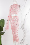 Pink Sexy Celebrities Solid Ripped Patchwork See-through Asymmetrical Collar Long Sleeve Two Pieces