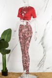 Red Street Print Patchwork Cross Straps V Neck Short Sleeve Two Pieces