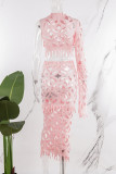 Pink Sexy Celebrities Solid Ripped Patchwork See-through Asymmetrical Collar Long Sleeve Two Pieces