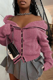 Peach Sweet Solid Patchwork Buckle Hooded Collar Outerwear