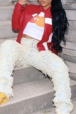 Red Casual Patchwork Cardigan Contrast Outerwear