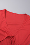 Red Street Print Patchwork Cross Straps V Neck Short Sleeve Two Pieces