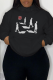 Black Street Print Draw String Hooded Collar Tops
