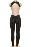 Black Sexy Casual Solid Backless Half A Turtleneck Skinny Jumpsuits