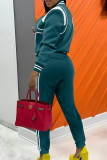 Blue Casual Street Solid Patchwork Draw String Buckle O Neck Long Sleeve Two Pieces