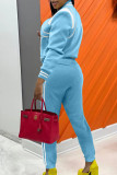 Blue Casual Street Solid Patchwork Draw String Buckle O Neck Long Sleeve Two Pieces