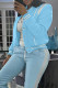 Light Blue Elegant Print Patchwork Pocket Buckle O Neck Tops
