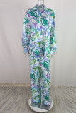 Green Casual Print Cardigan Pants Turndown Collar Long Sleeve Two Pieces