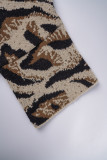 Leopard Print Casual Street Leopard Patchwork Slit Cardigan O Neck Outerwear（With A Turban）