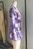 Purple Casual Print Tie Dye Slit V Neck Long Sleeve Dresses