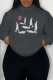 Dark Gray Street Print Draw String Hooded Collar Tops