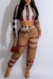 Brown Casual Print Patchwork O Neck Long Sleeve Two Pieces