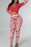 Red Street Print Patchwork Cross Straps V Neck Short Sleeve Two Pieces