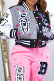 Black Gray Casual Street Print Patchwork Pocket Buckle O Neck Outerwear