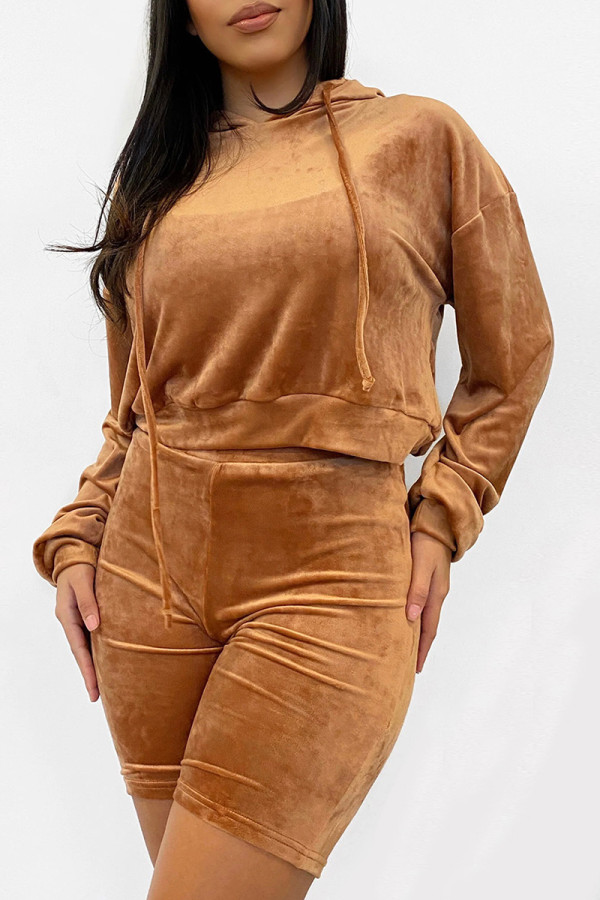 Brown Sexy Solid Patchwork Draw String Hooded Collar Long Sleeve Two Pieces