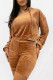 Brown Sexy Solid Patchwork Draw String Hooded Collar Long Sleeve Two Pieces