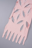 Pink Sexy Celebrities Solid Ripped Patchwork See-through Asymmetrical Collar Long Sleeve Two Pieces