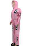 Pink Casual Print Patchwork Draw String Pocket Hooded Collar Long Sleeve Two Pieces