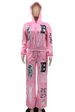 Pink Casual Print Patchwork Draw String Pocket Hooded Collar Long Sleeve Two Pieces