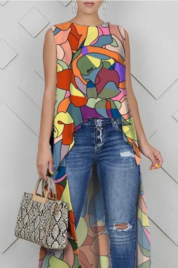Multicolor Casual Print Basic O Neck Tops