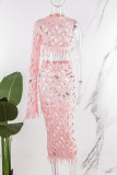 Pink Sexy Celebrities Solid Ripped Patchwork See-through Asymmetrical Collar Long Sleeve Two Pieces