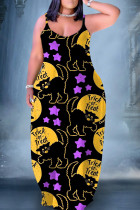 Black Yellow Sexy Print Backless Spaghetti Strap Long Dress Dresses