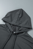 Dark Gray Street Print Draw String Hooded Collar Tops