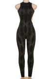 Black Sexy Casual Solid Backless Half A Turtleneck Skinny Jumpsuits