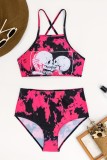 Rose Red Sexy Skull Head Print Tie Dye Bandage Backless Swimwears (With Paddings)