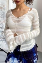 Apricot Casual Striped See-through Slit V Neck Tops