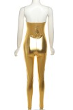 Silver Sexy Casual Solid Backless Strapless Skinny Jumpsuits