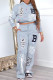 Grey Casual Print Patchwork Draw String Pocket Hooded Collar Long Sleeve Two Pieces