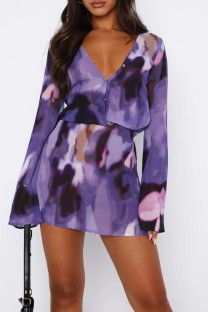 Purple Casual Print Tie Dye Slit V Neck Long Sleeve Dresses