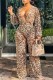 Leopard Print Casual Print Leopard Patchwork V Neck Regular Jumpsuits (Without Belt)