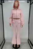 Pink Street Solid Patchwork Pocket Hooded Collar Long Sleeve Three Pieces