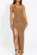 Camel Casual Solid Patchwork Backless High Opening One Shoulder Long Dress Dresses