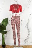 Red Street Print Patchwork Cross Straps V Neck Short Sleeve Two Pieces