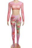 Red Casual Print Basic O Neck Long Sleeve Two Pieces