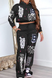 Pink Casual Print Patchwork Draw String Pocket Hooded Collar Long Sleeve Two Pieces