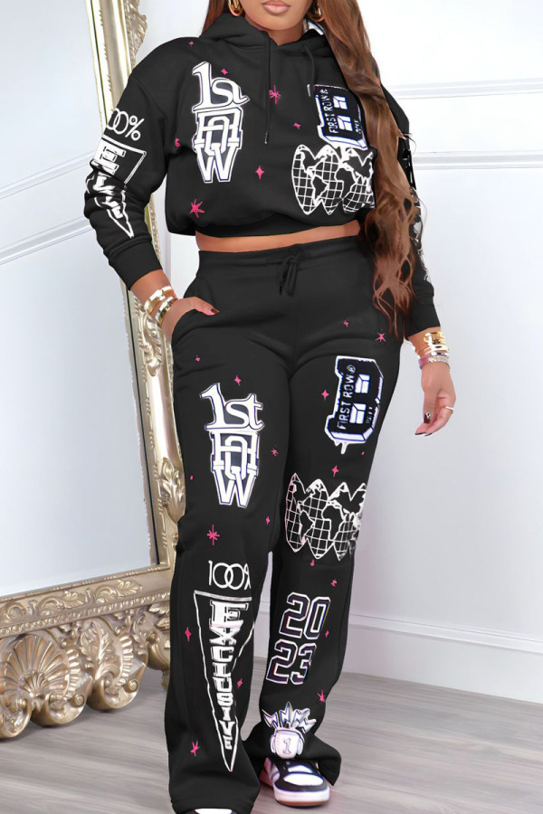 Black Casual Print Patchwork Draw String Pocket Hooded Collar Long Sleeve Two Pieces