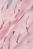 Pink Sexy Celebrities Solid Ripped Patchwork See-through Asymmetrical Collar Long Sleeve Two Pieces
