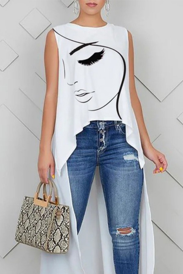 White Casual Print Basic O Neck Tops