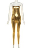Silver Sexy Casual Solid Backless Strapless Skinny Jumpsuits